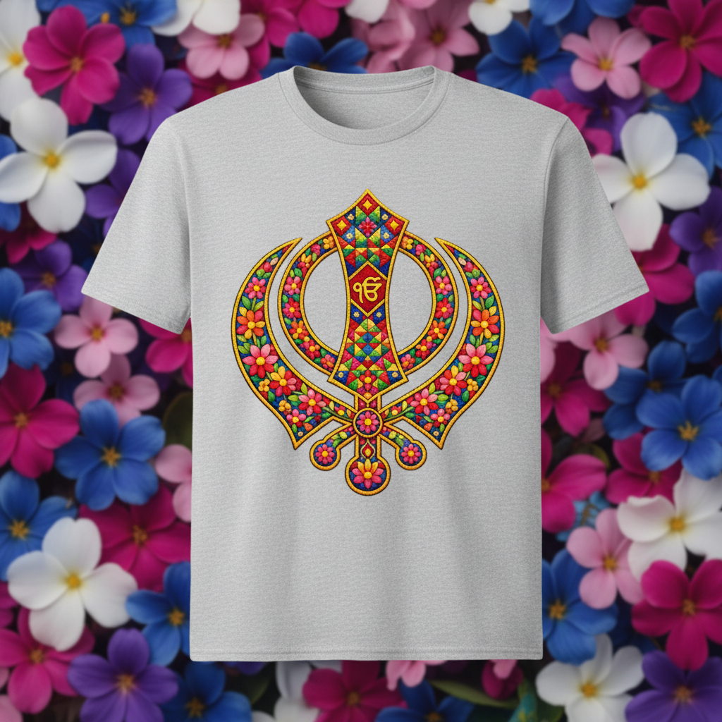 Floral Khanda graphic tee in light grey with purple floral background