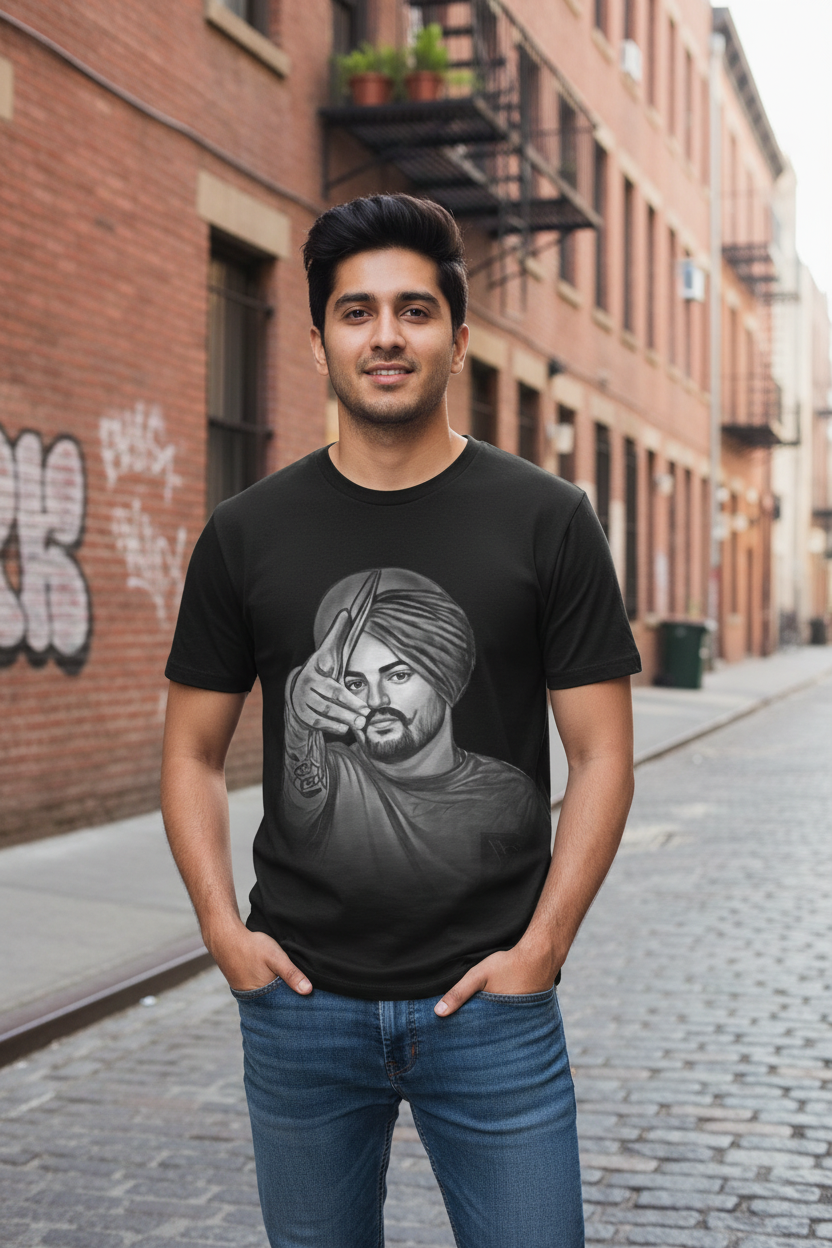 Model wearing black Sidhu Moosewala T-Shirt