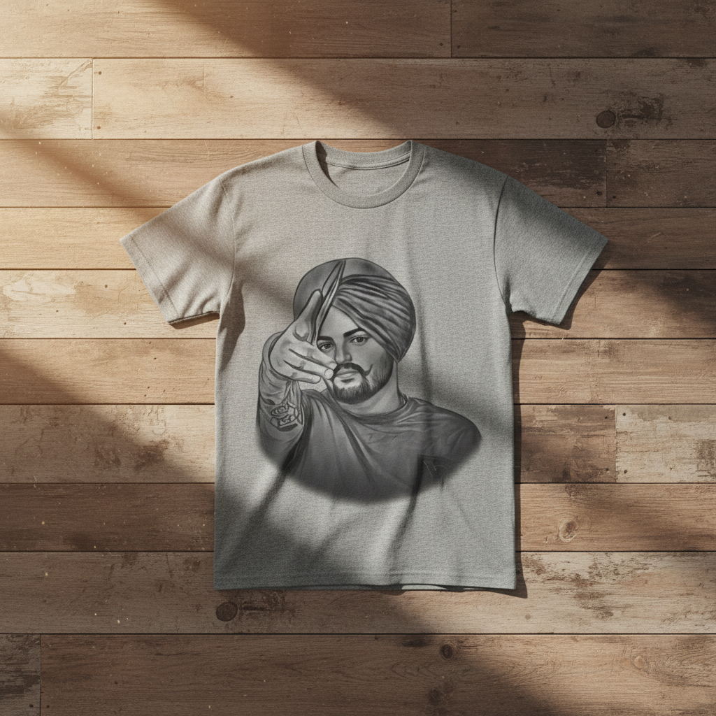 Grey Sidhu Moosewala T-Shirt on wooden floor