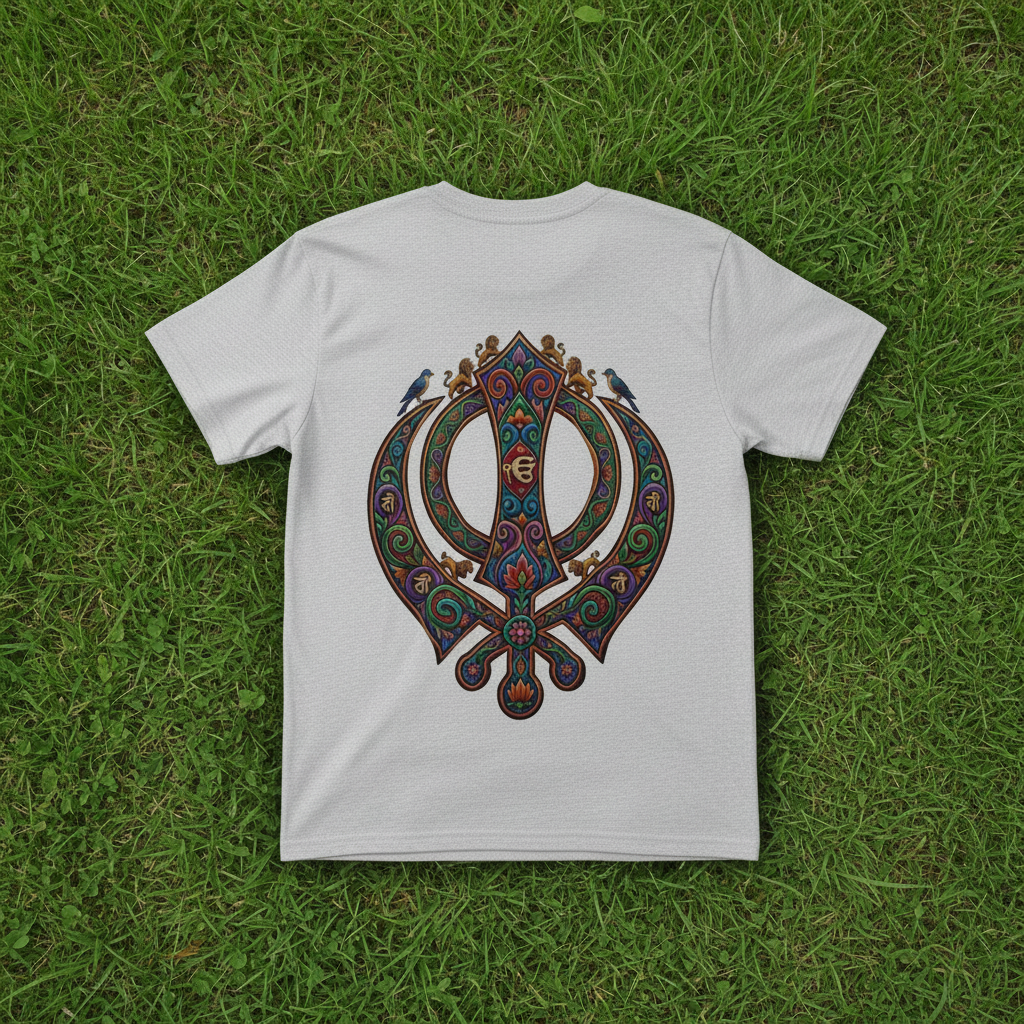 Grey Khanda t-shirt on grass