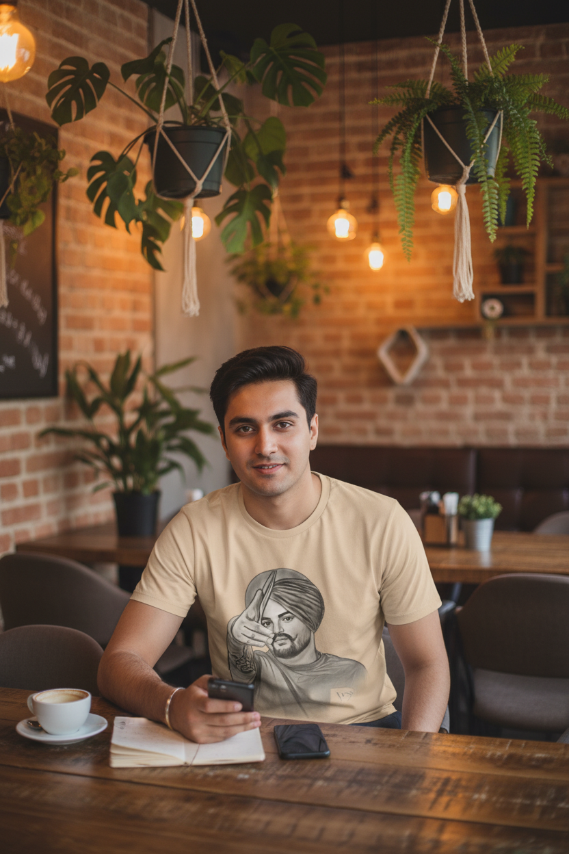 Model wearing sand Sidhu Moosewala T-Shirt