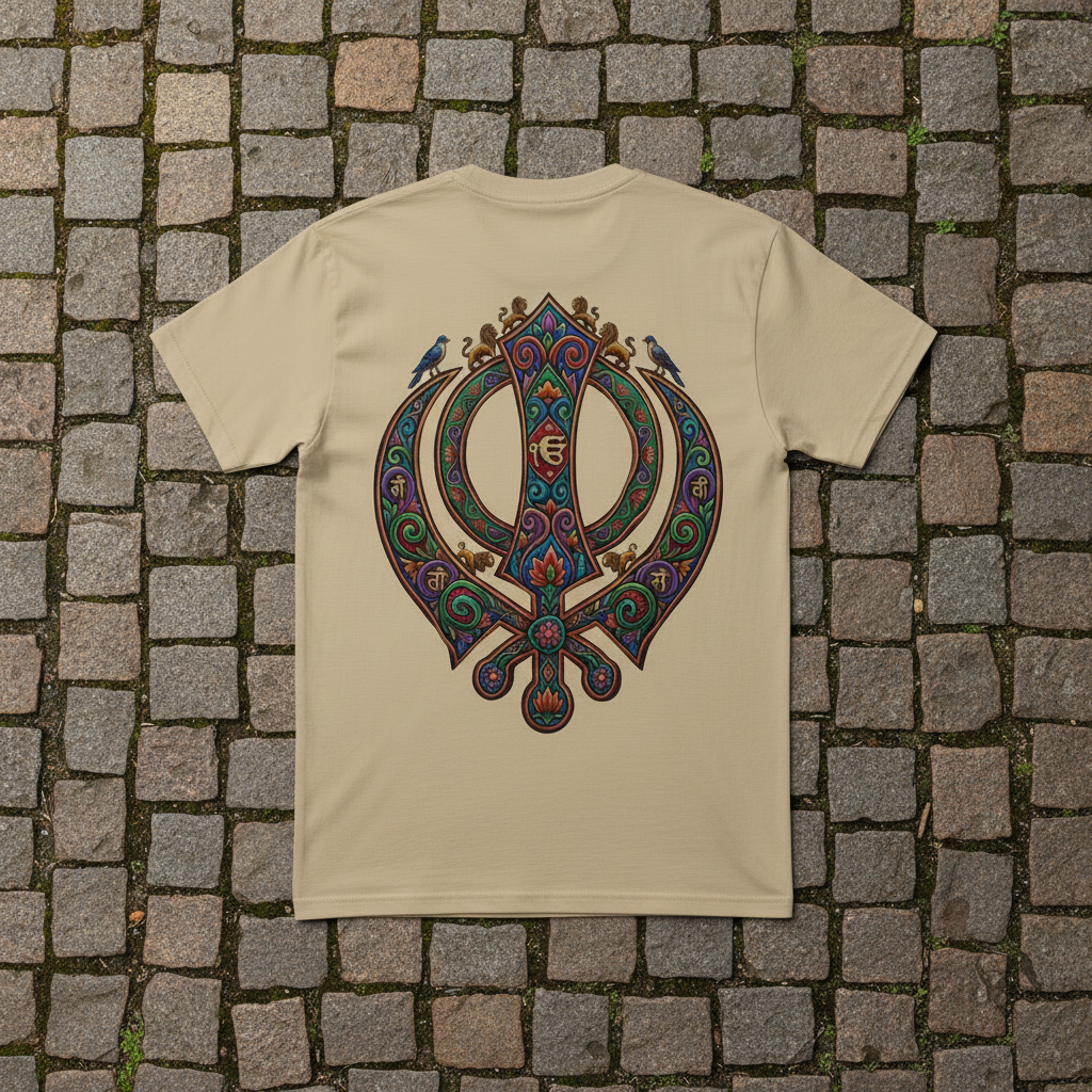 Sand Khanda t-shirt on cobblestone