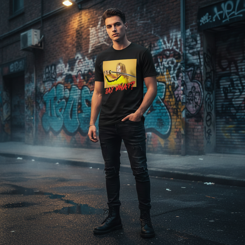 Male model wearing Say What Kill Bill black graphic tee outdoors