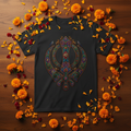 Black Khanda t-shirt on dark wood with marigolds