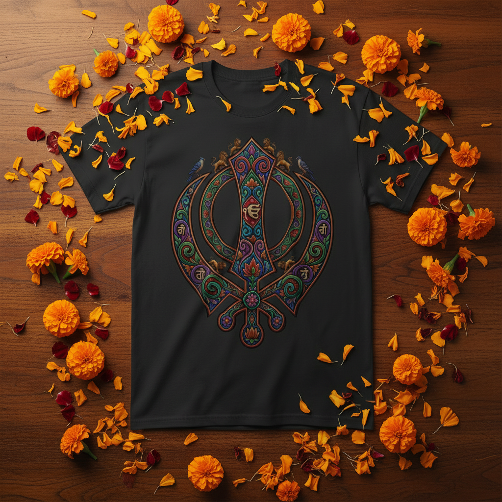 Black Khanda t-shirt on dark wood with marigolds