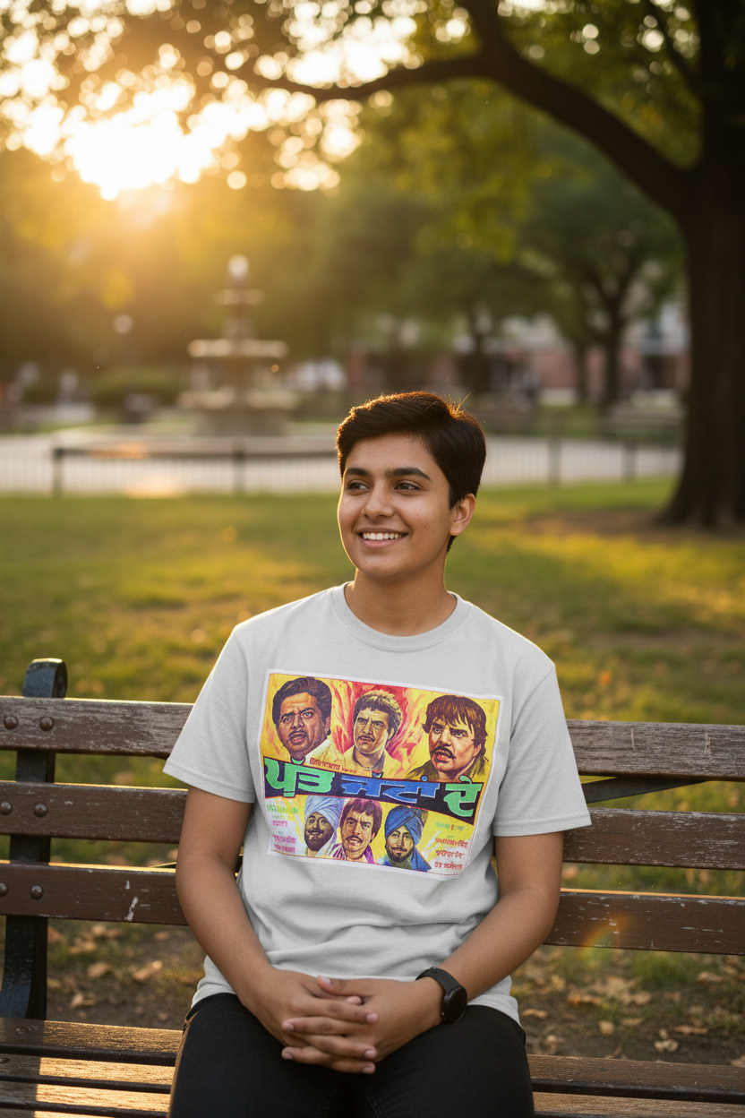Model wearing light grey Classic Punjabi Film T-Shirt