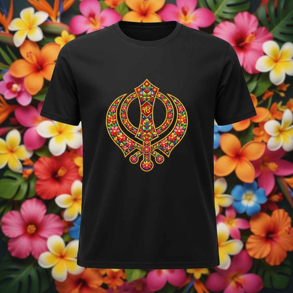 Floral Khanda graphic tee in black with tropical floral background