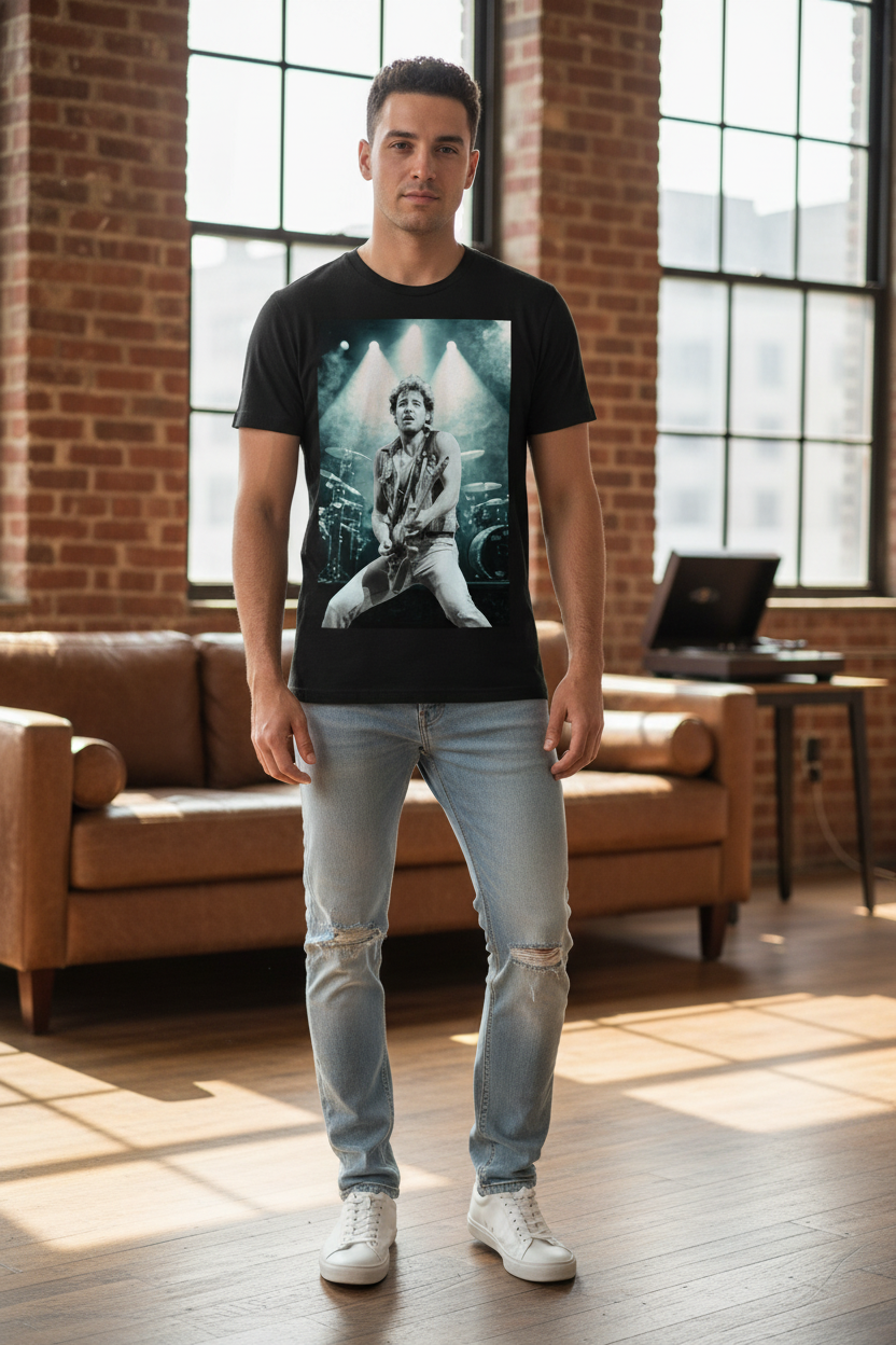 Model wearing black Bruce Springsteen t-shirt