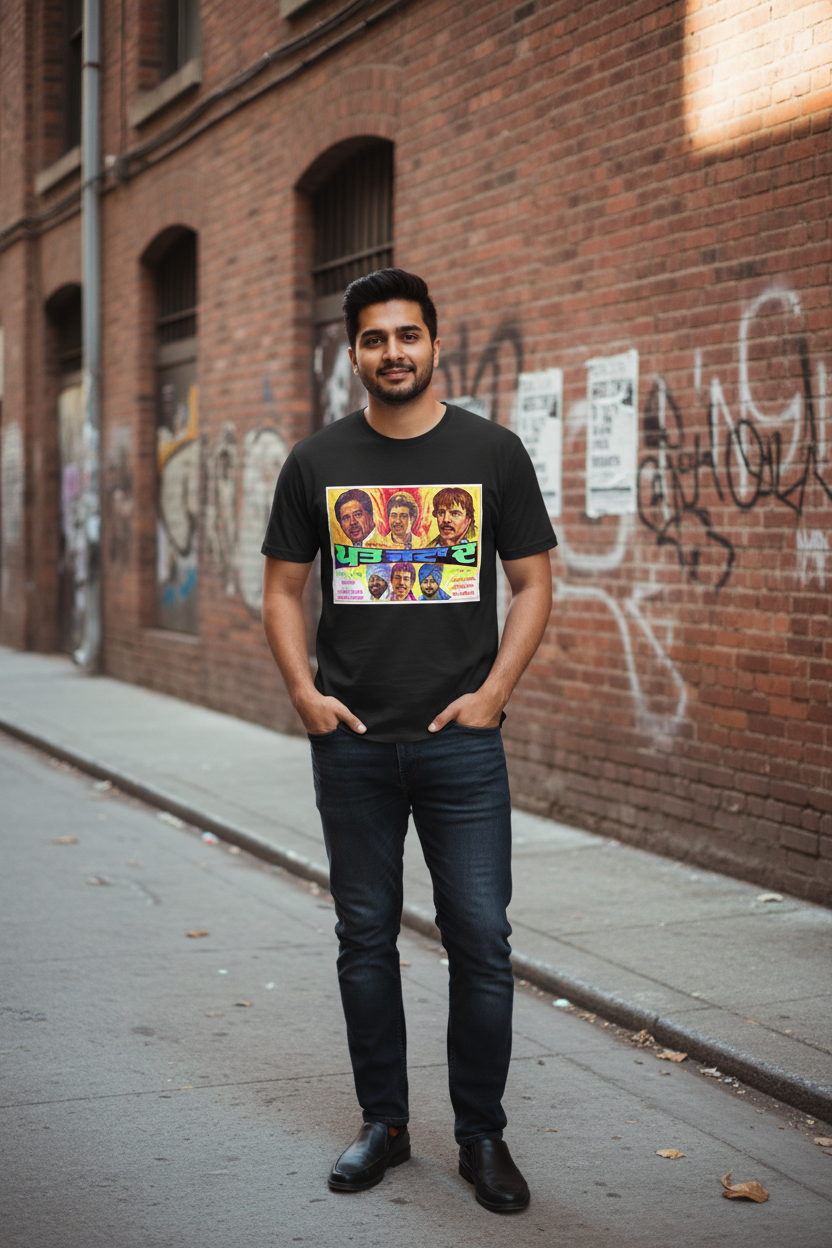 Model wearing black Classic Punjabi Film T-Shirt