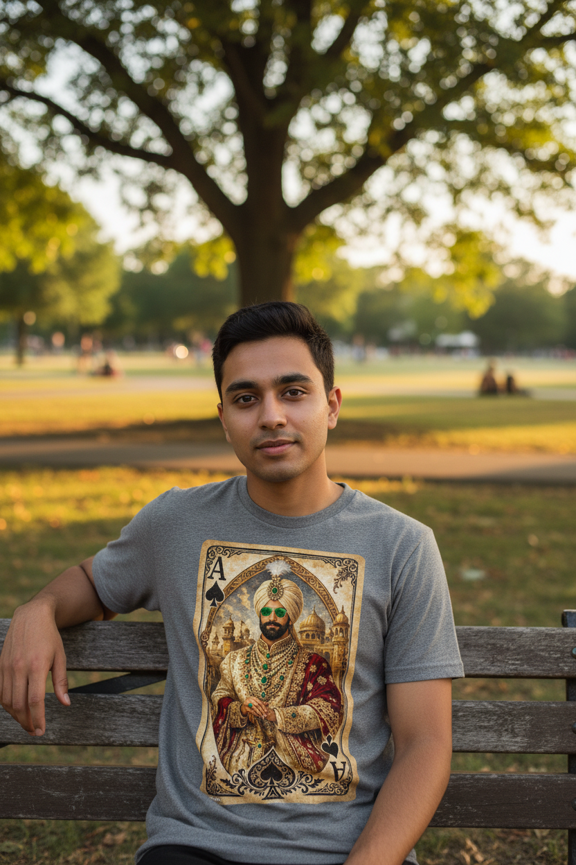 Model wearing grey Maharaja T-Shirt in park