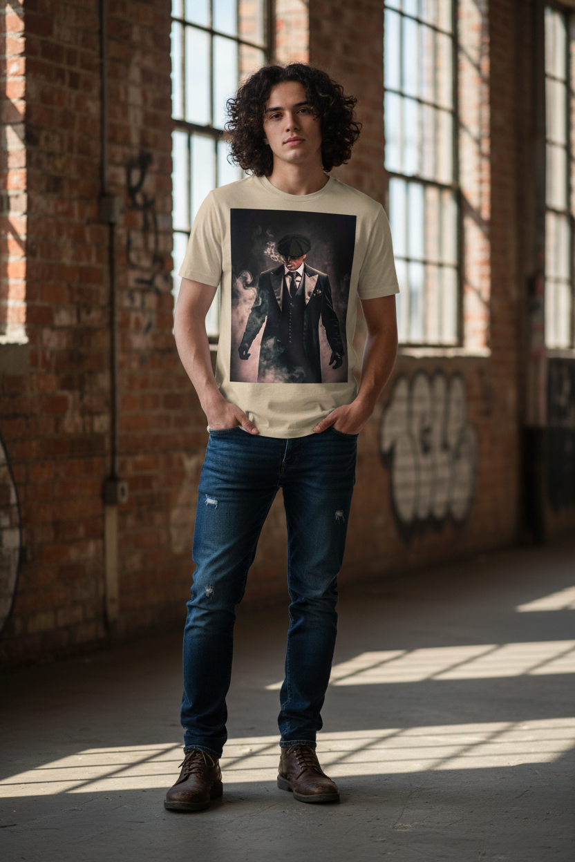 Model wearing sand Peaky Blinders T-Shirt in industrial setting