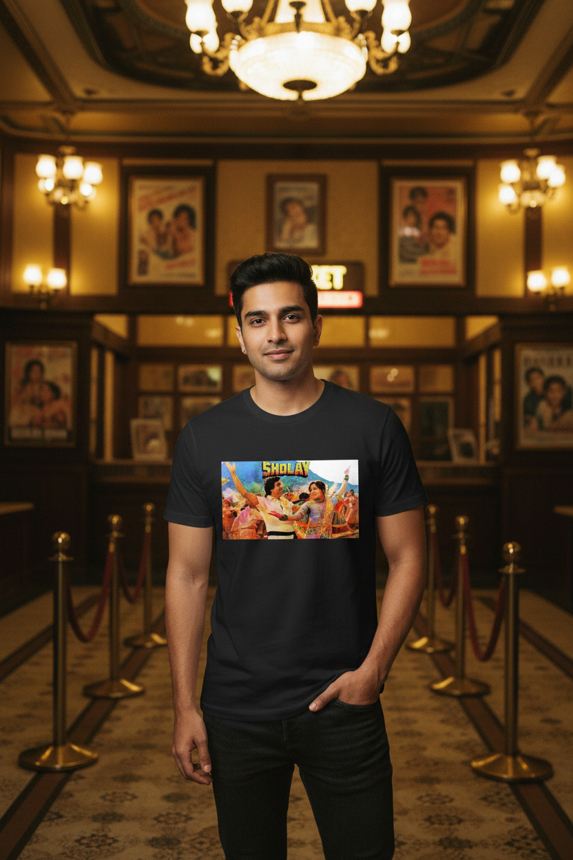 Model wearing black Sholay T-Shirt in cinema