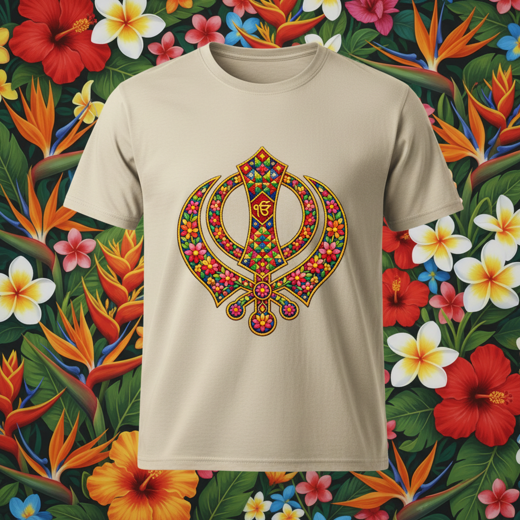 Floral Khanda graphic tee in sand with red orange floral background