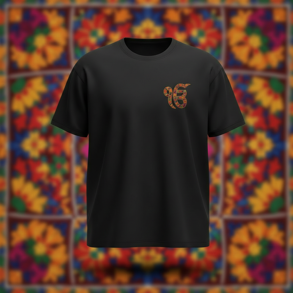 Ik Onkar floral embroidered black t-shirt with Phulkari background