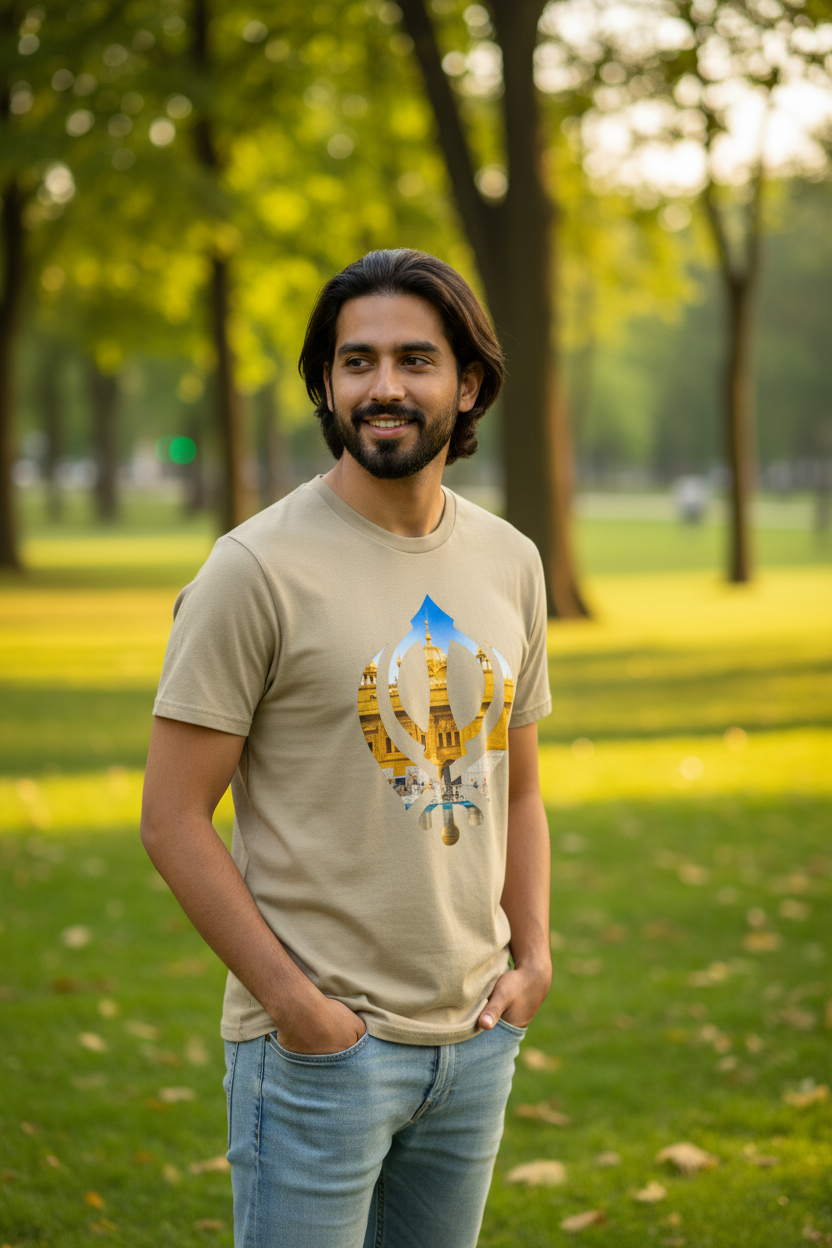 Male model wearing sand t-shirt with Khanda design in park at golden hour