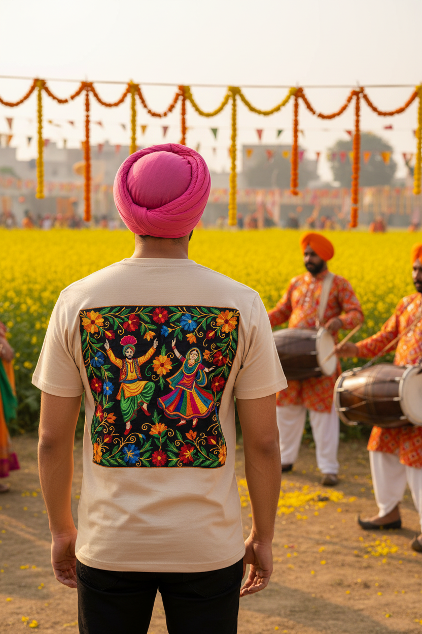 Turbaned male model sand t-shirt back print Punjabi village