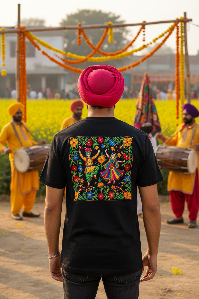 Turbaned male model black t-shirt back print Punjabi village