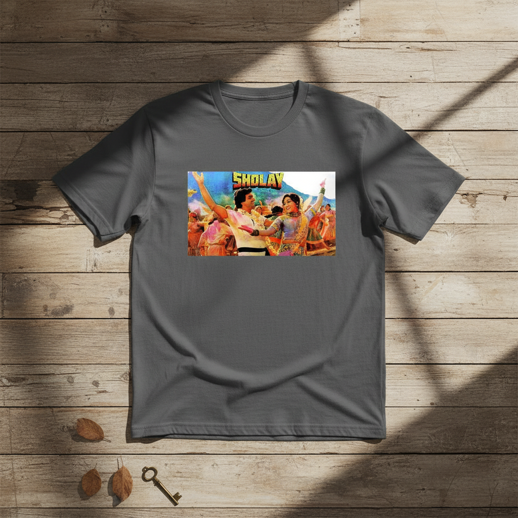 Grey Sholay T-Shirt on wooden floor
