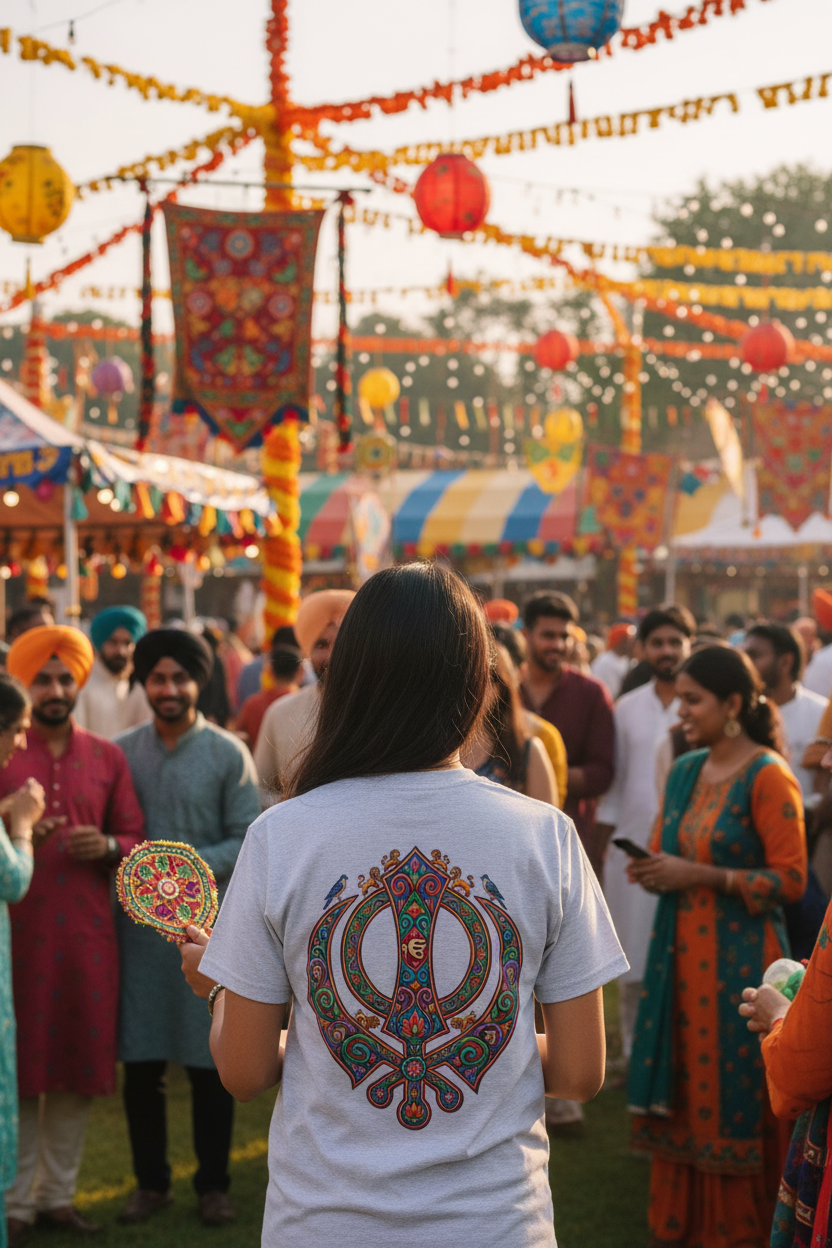 Woman in grey Khanda t-shirt at Punjabi festival