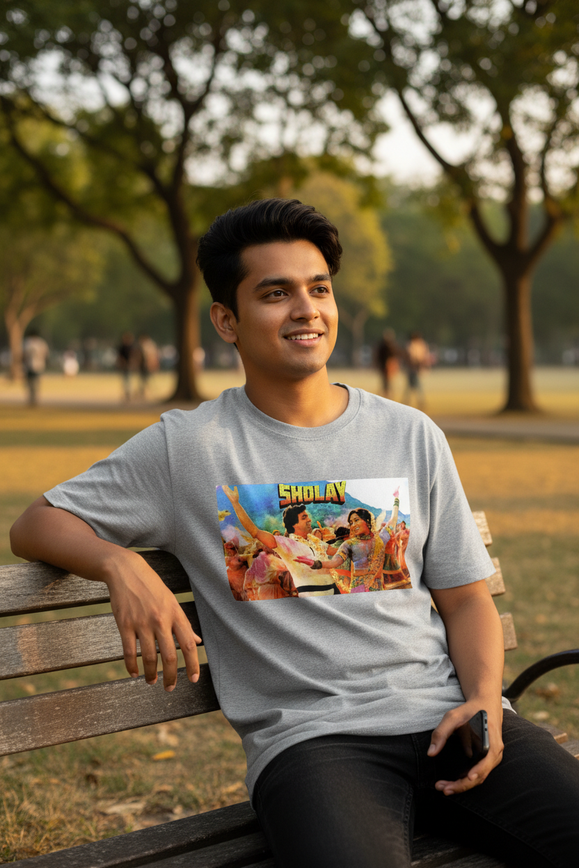 Model wearing grey Sholay T-Shirt outdoors