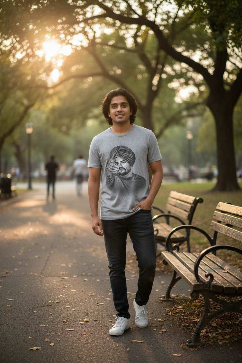 Model wearing grey Sidhu Moosewala T-Shirt