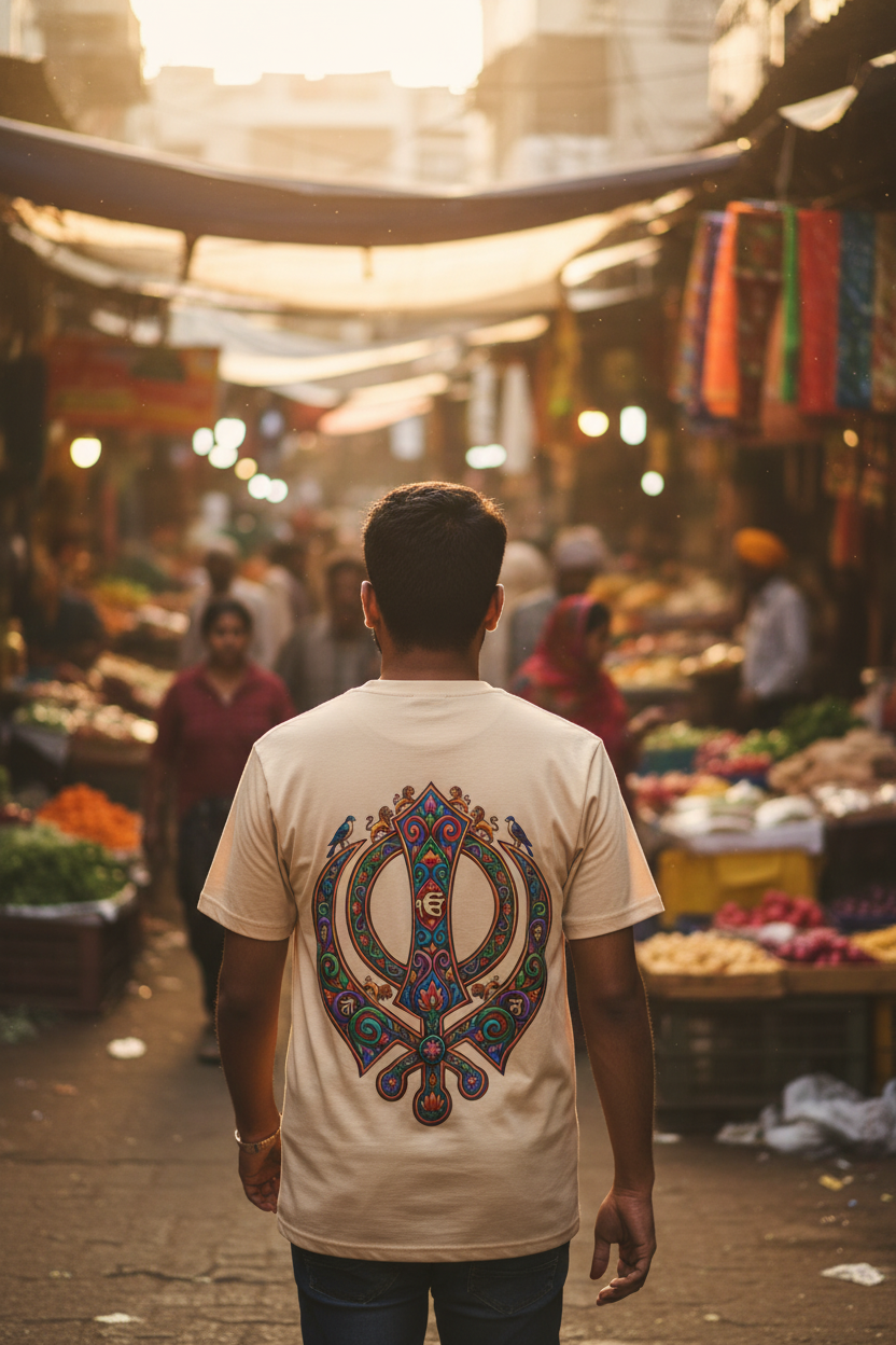 Man in sand Khanda t-shirt at Indian street market