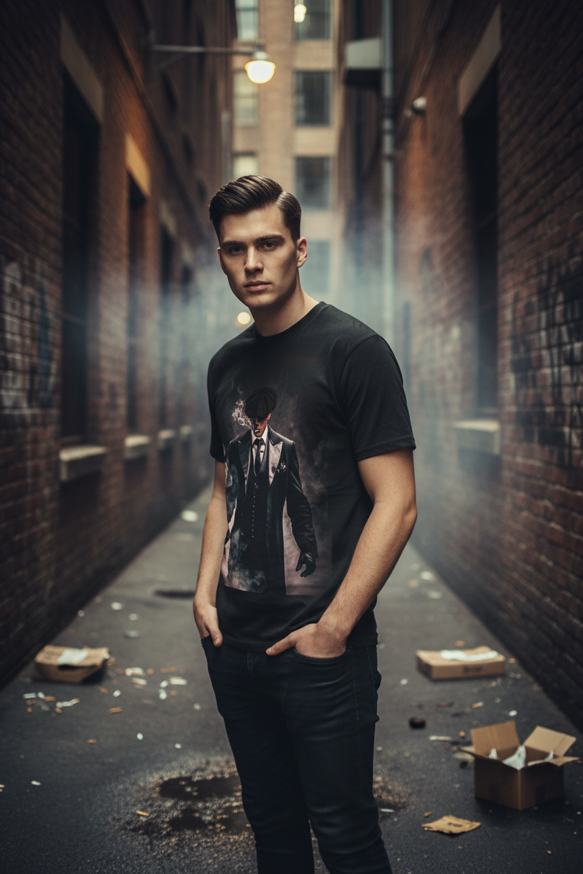 Model wearing black Peaky Blinders T-Shirt in urban alley