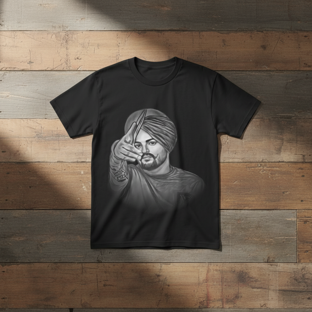 Black Sidhu Moosewala T-Shirt on wooden floor