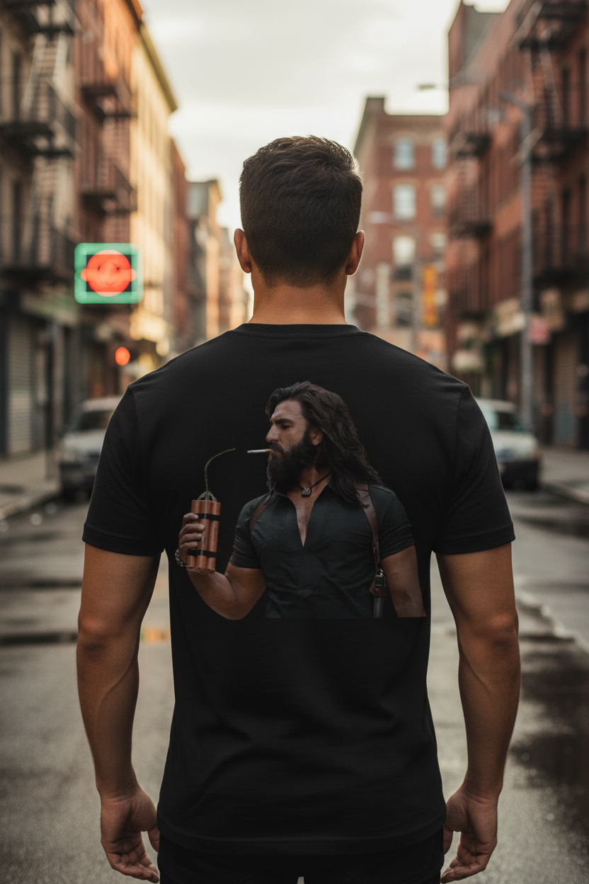 Model wearing black t-shirt with design on back