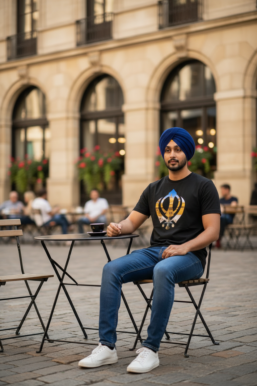 Turbaned man at outdoor cafe wearing black Khanda t-shirt